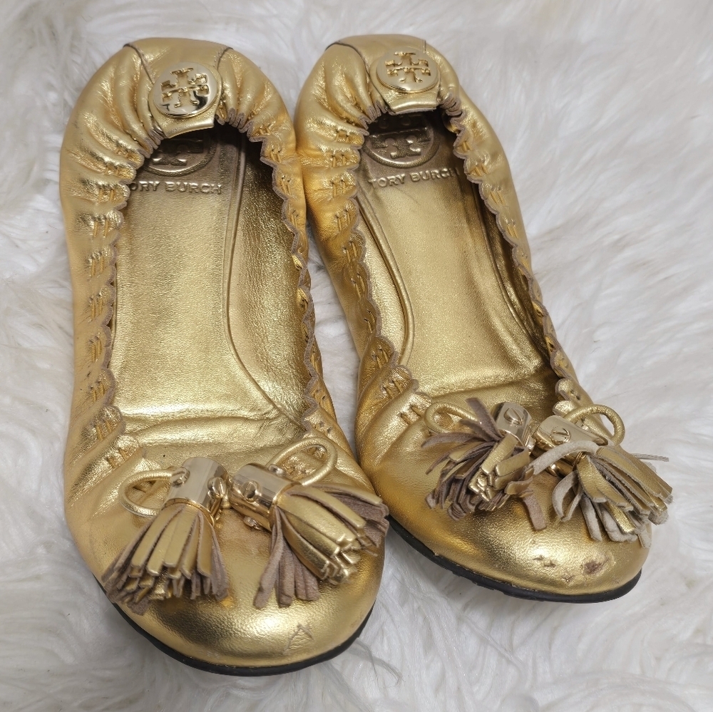 Tory Burch Gold Reese Tassel Leather BalletFlats🌴✌️ - Picture 4 of 9
